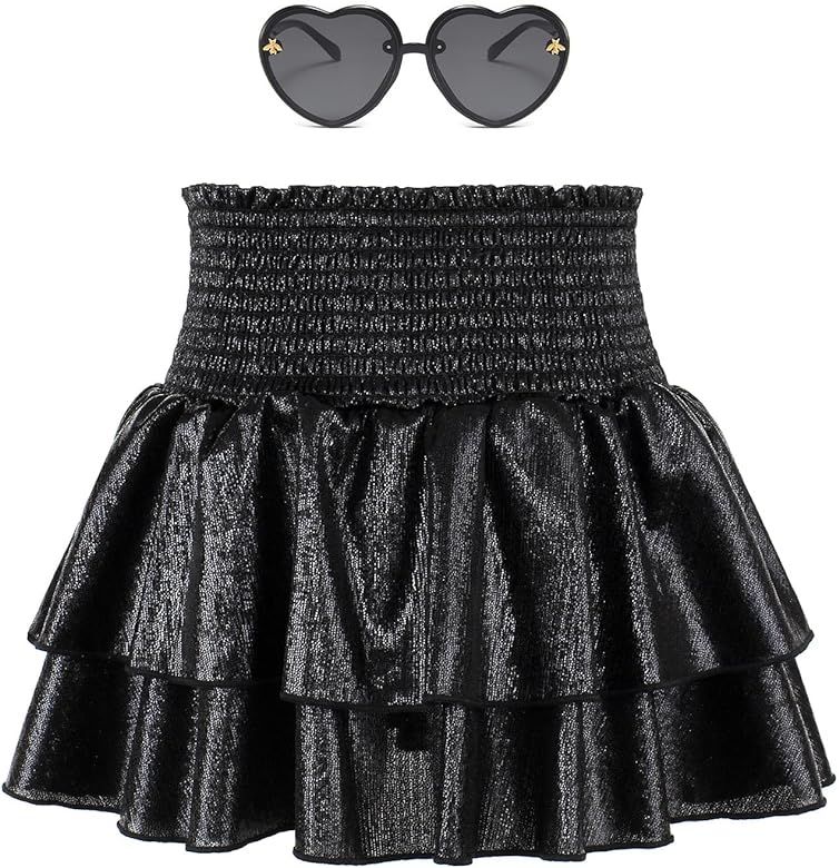 JESKIDS Girls Metallic Skirts Shiny Sparkly Sequin Cheerleaders Skirt with Sunglass 4-15 Years | Amazon (US)