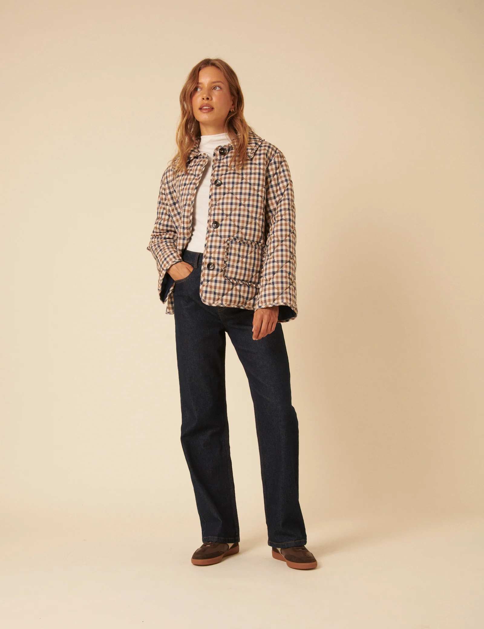 Beige Check Frill Quilted Jacket | Nobody's Child