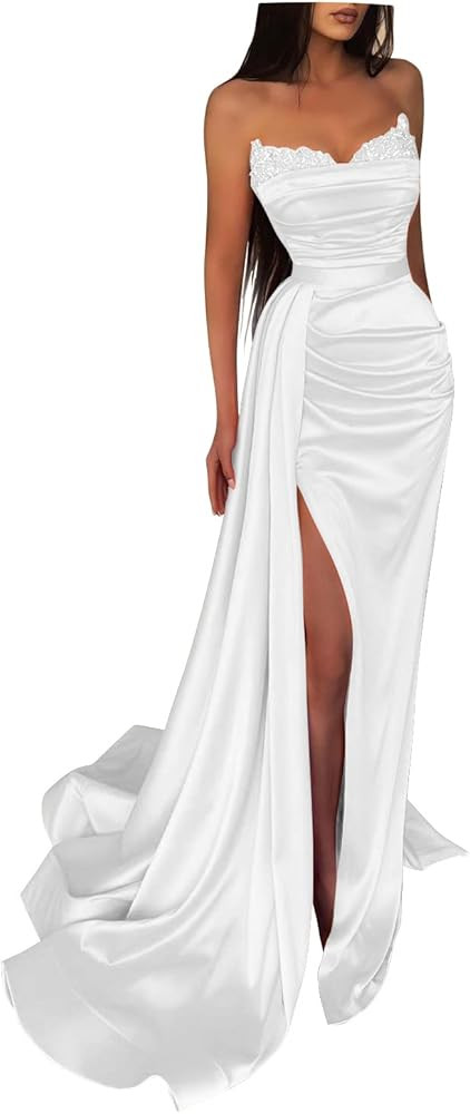 Fanciest Women's Beaded Mermaid Prom Dresses 2024 Satin Ball Gown Long Formal Evening Gowns with ... | Amazon (US)