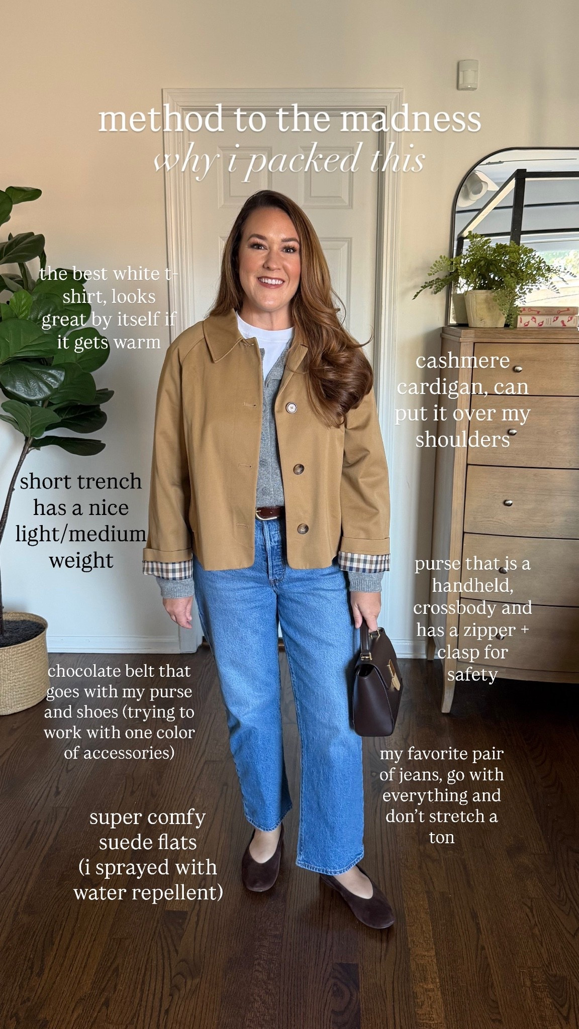 Packing for Europe, Day One!

Short trench- size down two sizes. Wearing a 6.
Straight leg jeans – 31- 27 ￼
Gray cashmere cardigan – large 
White T-shirt – large 
Brown brass belt – 95 
Suede flats that fit a wide foot 
￼￼

#LTKTravel #LTKMidsize #LTKSeasonal
