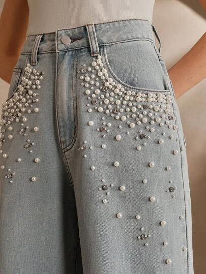 Anewsta Women's New Fashion Heavy Rhinestone Bubble Jeans, Straight Leg, Blue, Suitable For Valentine's Day And Mother's Day | SHEIN