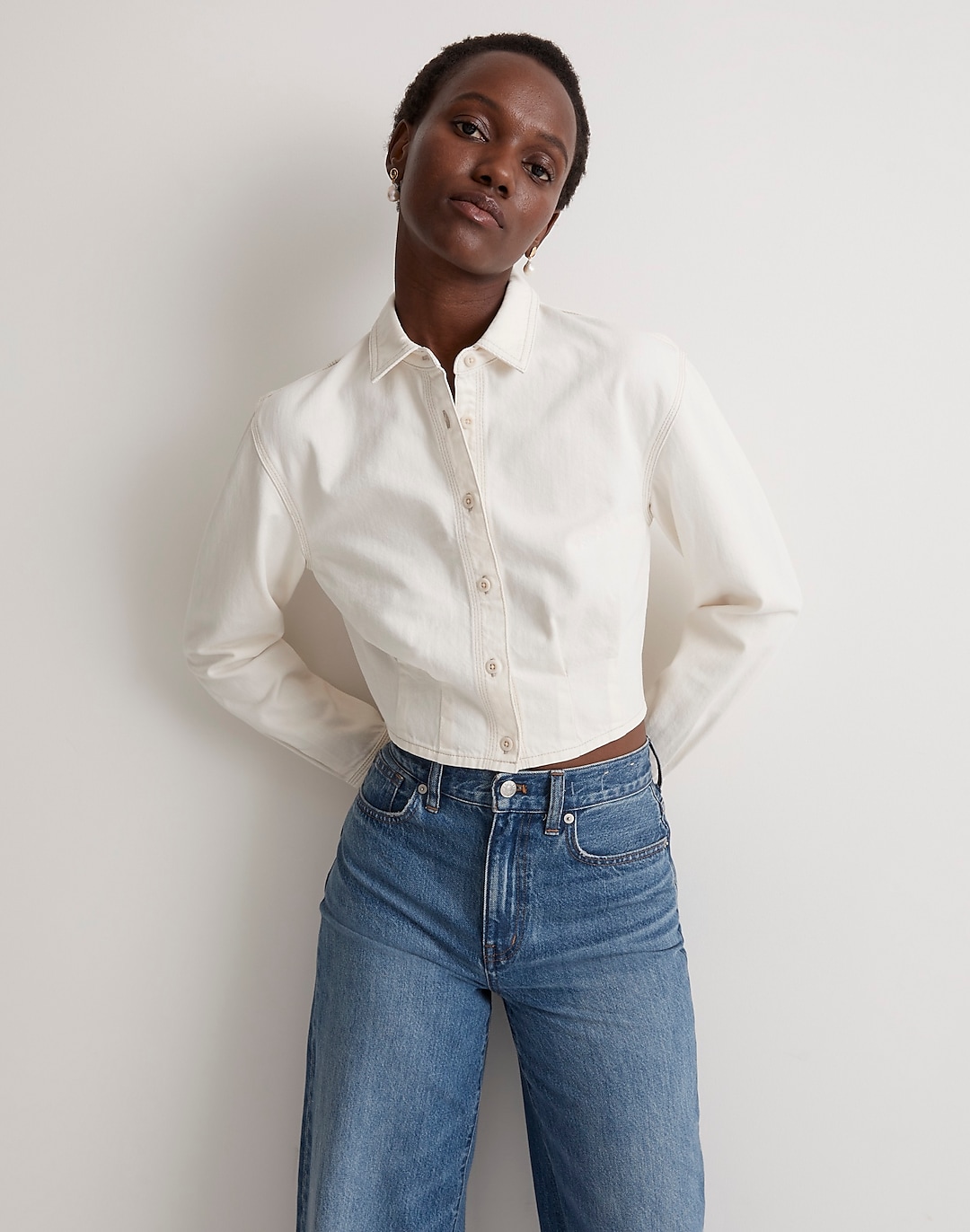 Denim Pleated Cropped Button-Up Shirt | Madewell
