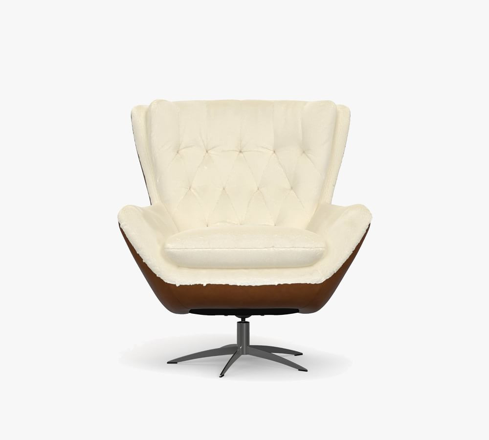 Wells Tufted Leather Shearling Swivel Armchair | Pottery Barn (US)