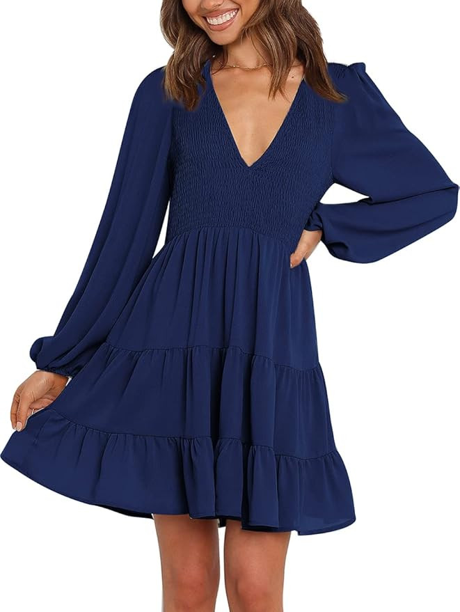 Umimi Women's Fall Casual Long Sleeve V Neck Smocked Elastic Waist Flowy Tiered Mini Dress | Amazon (US)