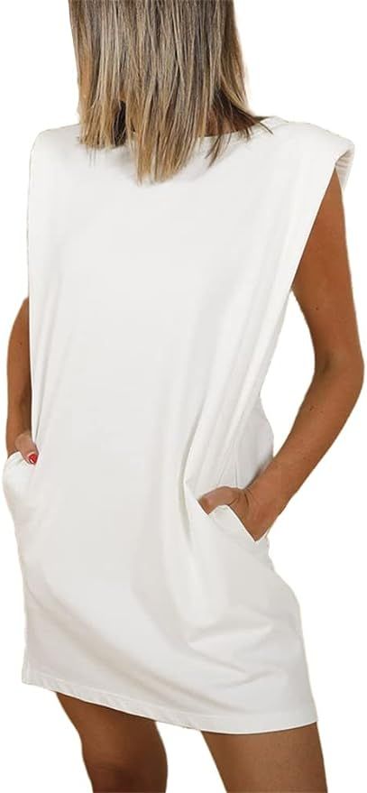 KEOMUD Women's Sleeveless Shoulder Pad Straight Mini Tank Dress with Pockets | Amazon (US)