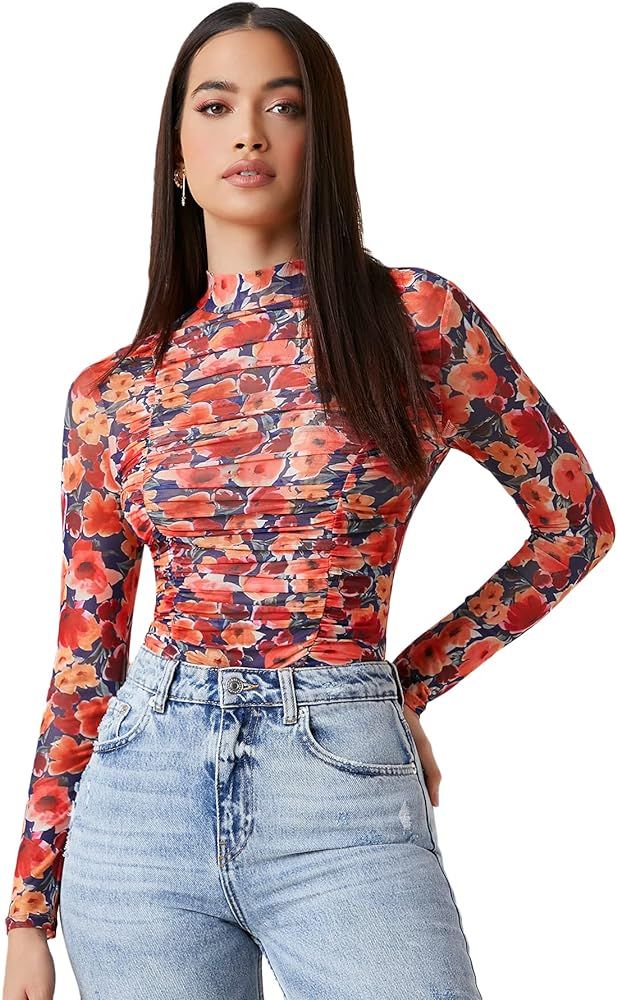Floerns Women's Long Sleeve Mock Neck Floral Print Sheer Mesh Tops Tee Shirts | Amazon (US)