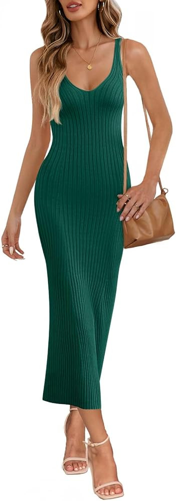 MEROKEETY Womens Summer Spring Midi Dress 2026 Beach Vacation Bodycon V Neck Casual Sleeveless Ri... | Amazon (US)