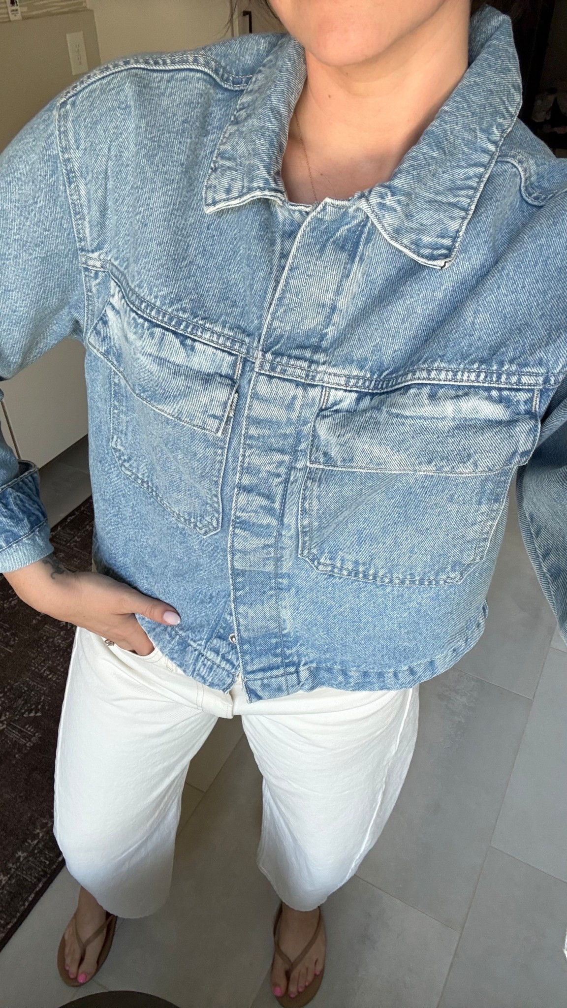 Denim jacket/shirt (M)
White Barrel Jean (28) 

#LTKFestival #LTKmomlife #LTKootd