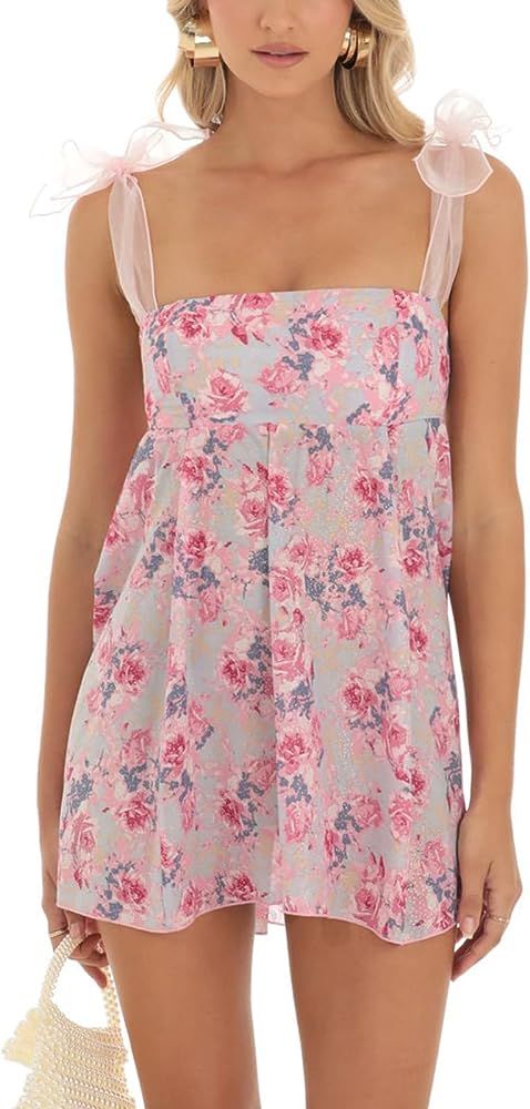 Women Floral Print Mini Dress Spaghetti Strap Square Neck Ruffle Dress Sleeveless Y2k Sundress St... | Amazon (US)