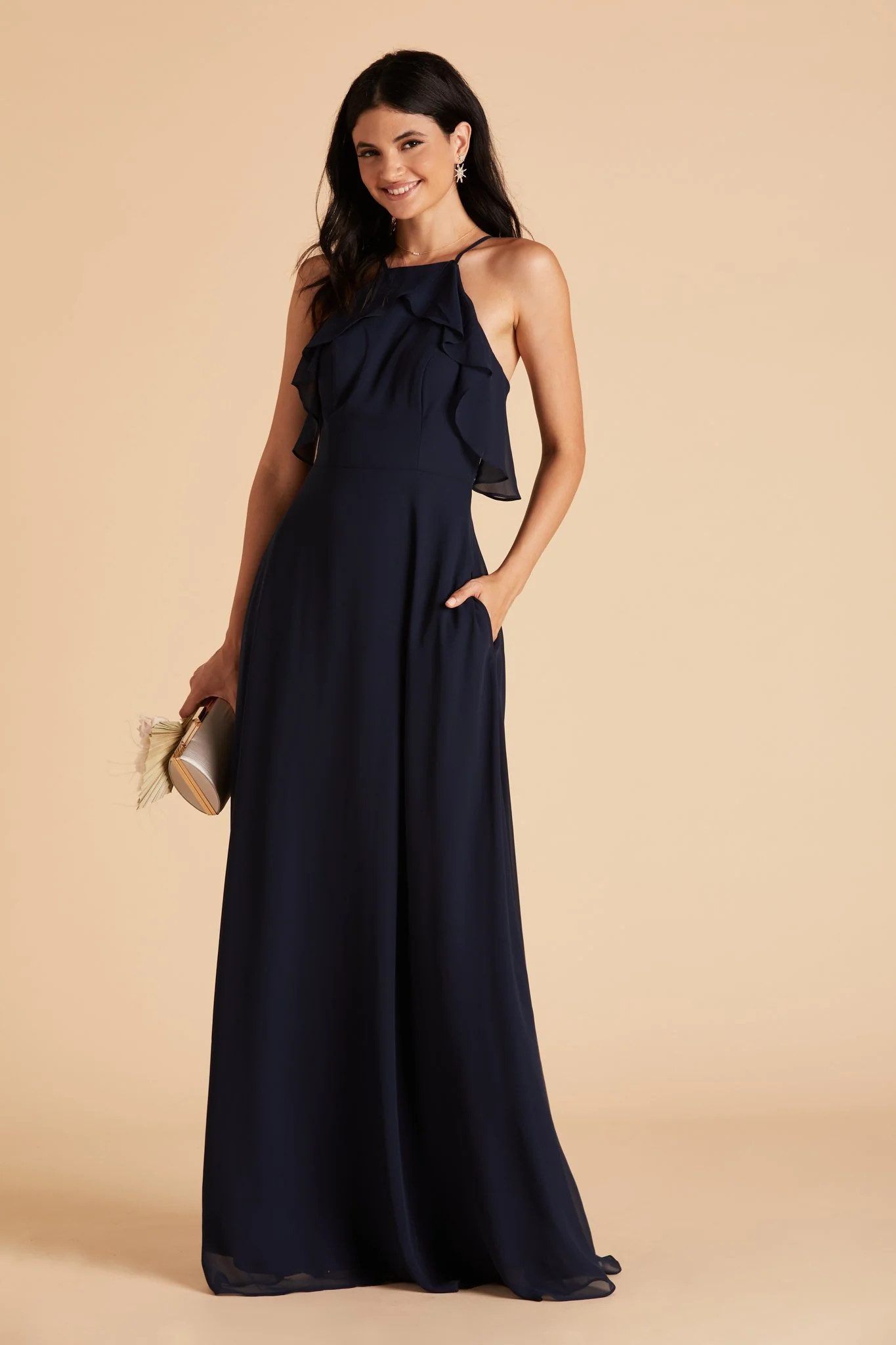 Navy Chiffon Bridesmaid Dress with Ruffles and Halter Top Birdy Grey | Birdy Grey