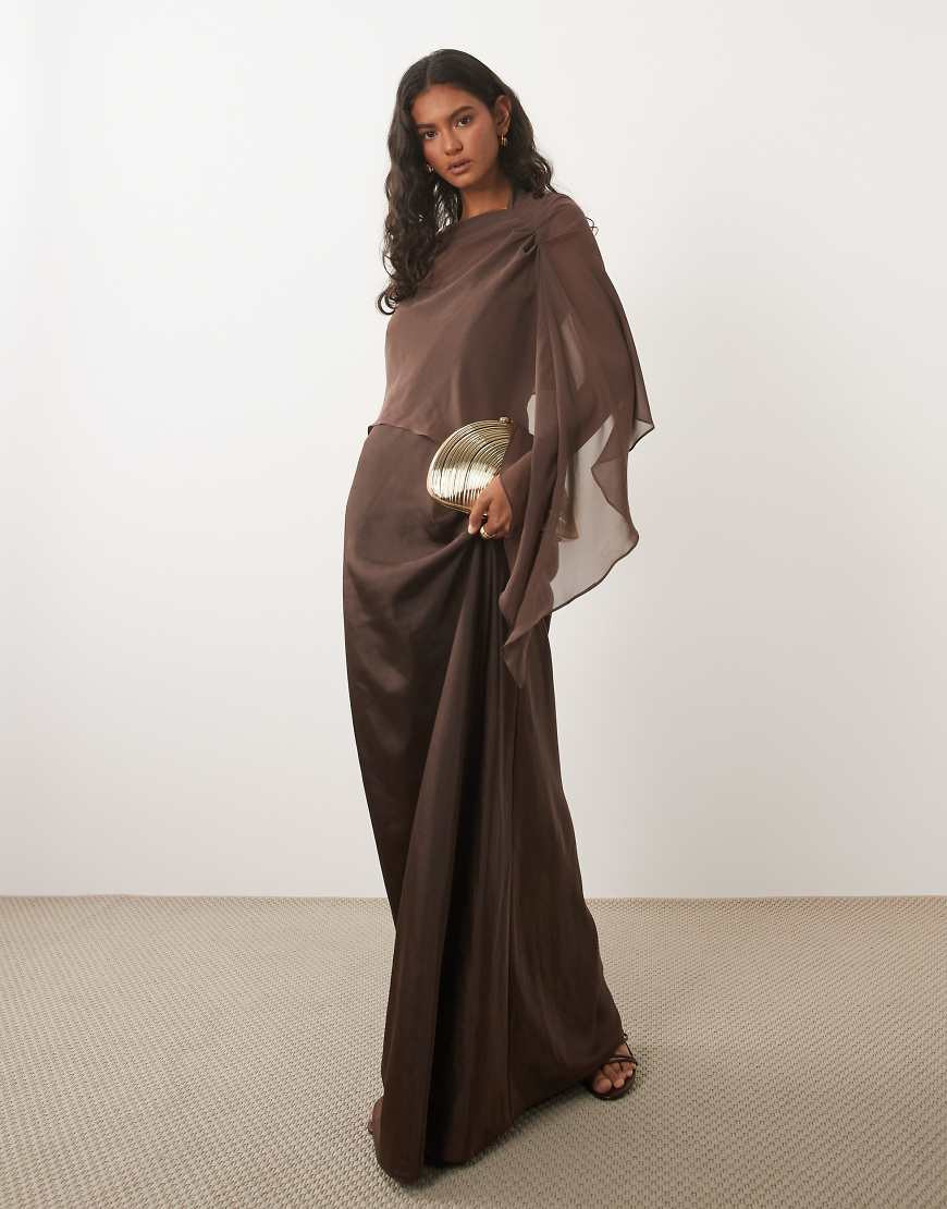 Six Stories Bridesmaid satin square neck chiffon cape detail maxi dress in chocolate-Brown | ASOS (Global)