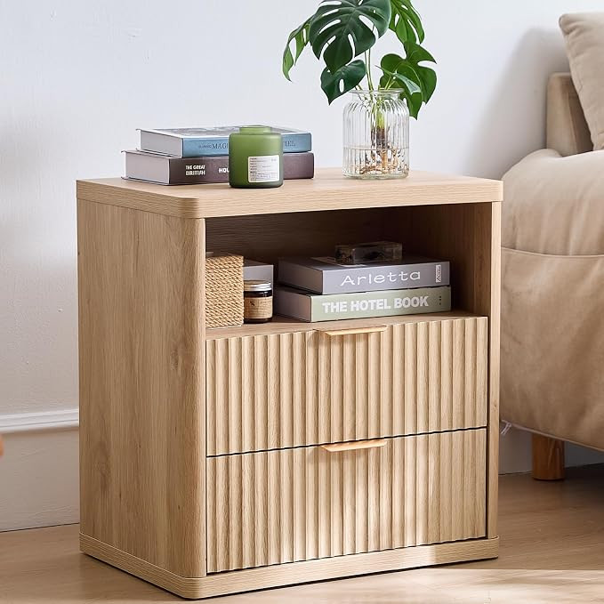 LELELINKY Fluted Bedside Table, Wooden Bedside Cabinet with 2 Drawers & Open Storage, Farmhouse S... | Amazon (UK)