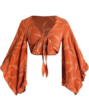 Women's Floral 70s Top Hippie Shirt Bow Tie Front Disco Deep V Ruffle Blouse | Amazon (US)