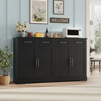 Sideboard With 4 Drawers And Storage Space, Modern Coffee Bar Design, Silver Handles, Suitable For Long Kitchens. | Wayfair North America