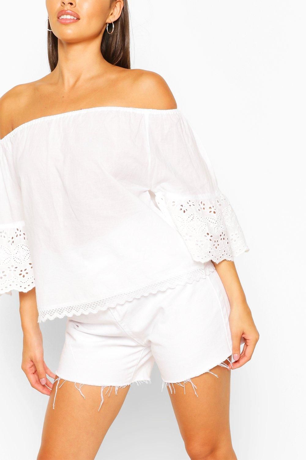 Womens Off The Shoulder Eyelet Trim Woven Top - White - S | Boohoo.com (US & CA)