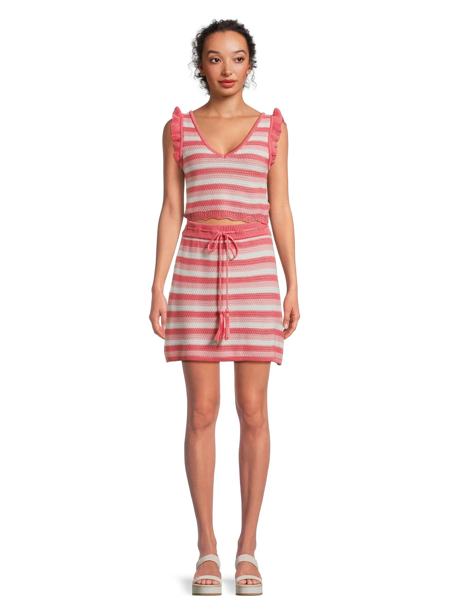 Madden NYC Women’s Juniors Striped Crochet Sleeveless Top and Skirt Set, 2-Piece, Sizes XS-3XL ... | Walmart (US)