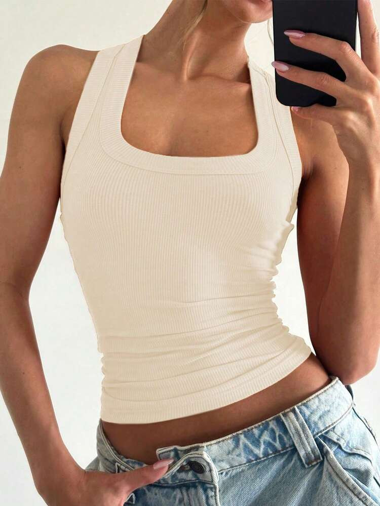 Floreya Square Collar Camisole Women, Casual Slim Fit Sleeveless Tank Top, Versatile & Minimalist French Style For Summer, Spring, Autumn Sports Vibe | SHEIN