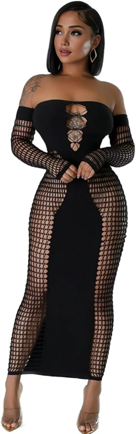 Stunning Hollow Out Long Sleeve Bodycon Maxi Dress for Women, Sexy Elegant Mesh Sheer Party Dress... | Amazon (US)
