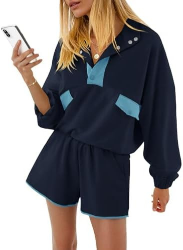 Fisoew Womens 2 Piece Sets Sweatsuits Casual Half Button Color Block Sweatshirts Running Shorts T... | Amazon (US)