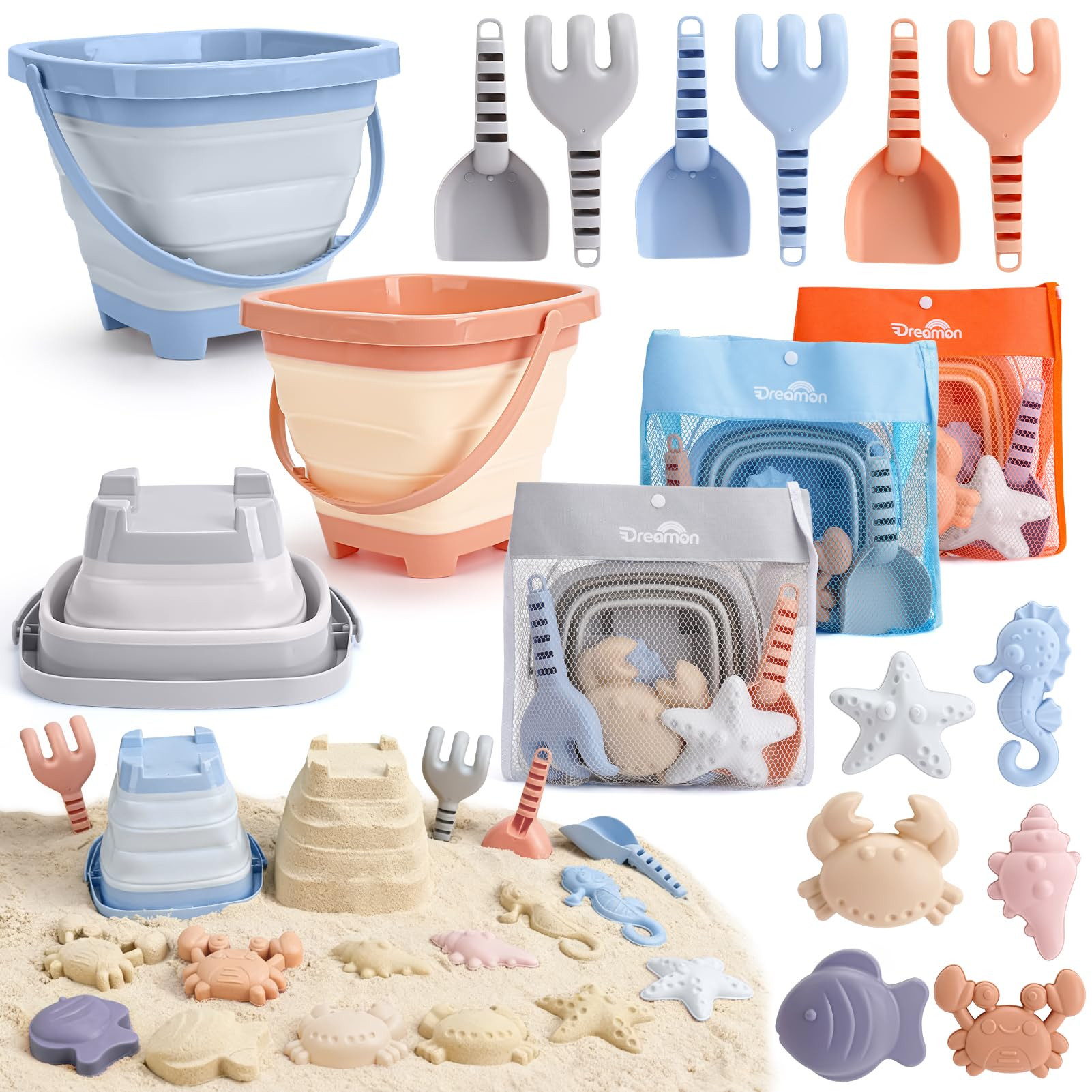 Dreamon 3 Pack Beach Toys Set for Kids 3-10, Collapsible Sand Buckets with Beach Molds and Mesh B... | Amazon (US)