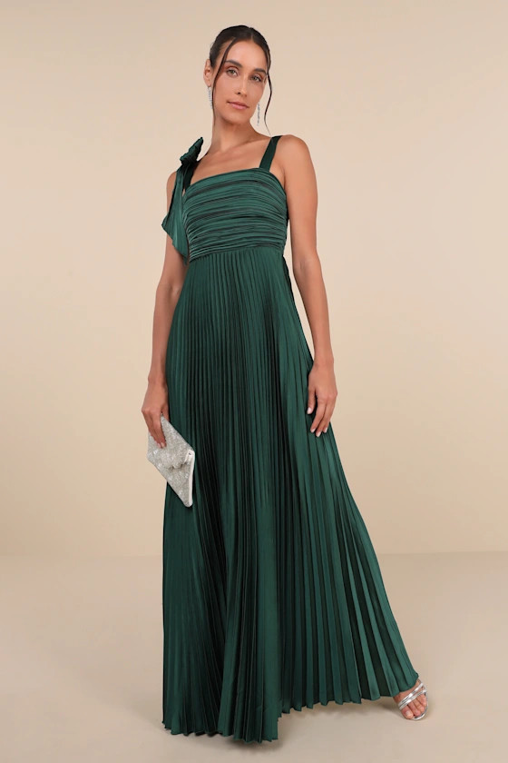 Gorgeous Purpose Emerald Satin Pleated Sleeveless Bow Maxi Dress | Lulus