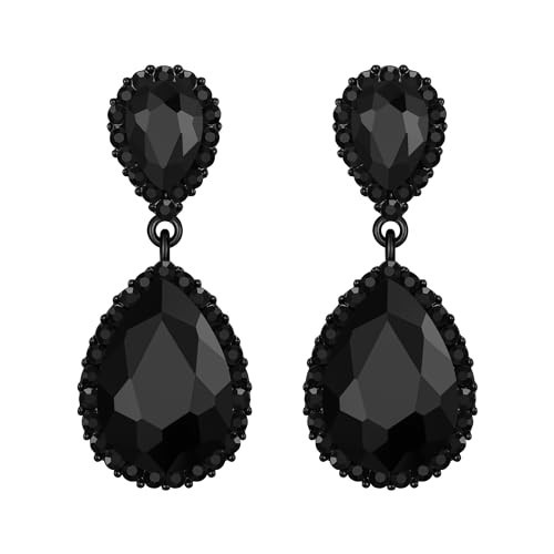 EVER FAITH Costume Prom Jewelry Austrian Crystal Dangle Earrings, Elegant Party Waterdrop Pierced Earrings for Women Black Black-Tone | Amazon (US)