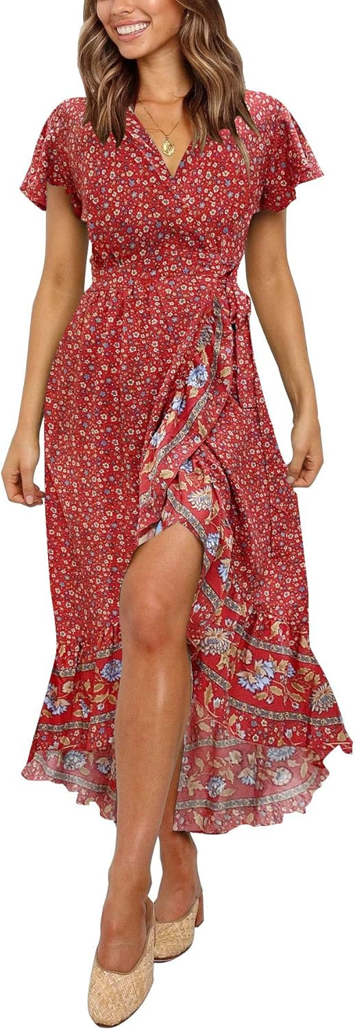 ZESICA Women's Summer Bohemian Floral Printed Wrap V Neck Beach Party Flowy Ruffle Midi Dress | Amazon (US)