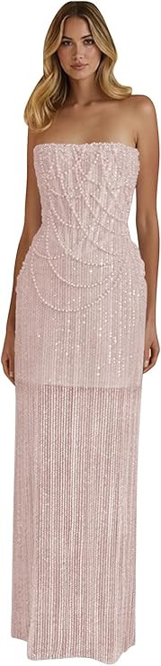 Strapless Beaded Wedding Dresses Sequins Maxi After Party Dress Lace-Up Cocktail Homecoming Dress... | Amazon (US)
