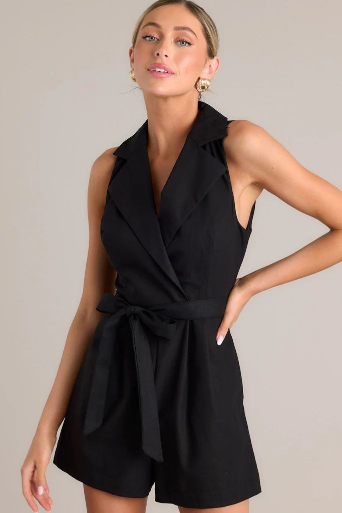 Moonlit Mirage Black Sleeveless Collared Romper | Red Dress