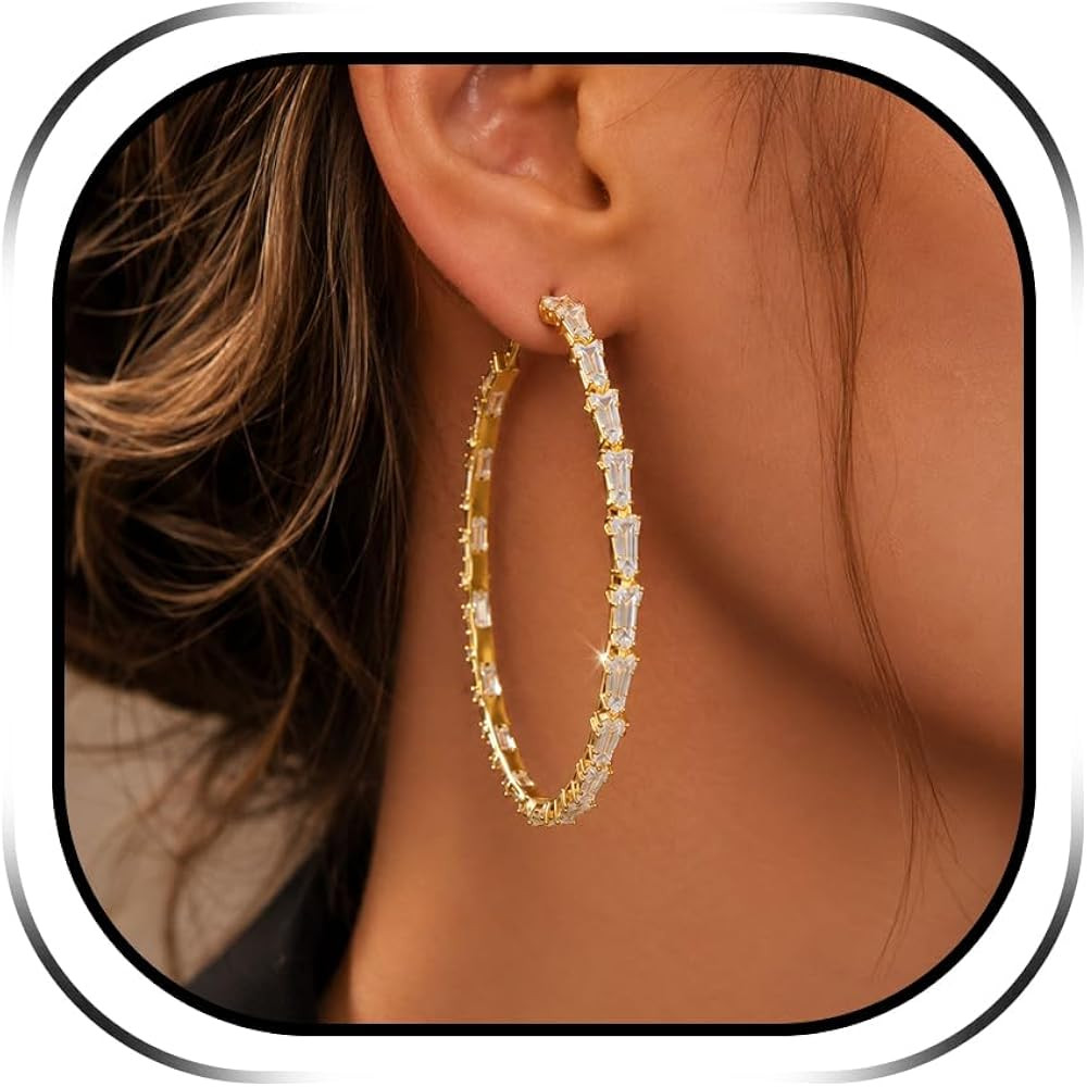 Layered Baguette Rhinestone Hoop Earrings for Women Gold Silver Large Hoops Sparkly Jewelry for P... | Amazon (US)