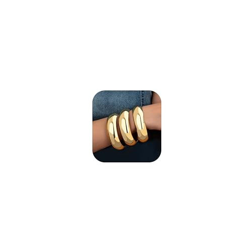 3PCS Chunky Gold Bangle Bracelets for Women, Dainty 14k Gold Plated Big Stackable Bangles Set, Trendy Cuff Bracelet Stack Fashion Jewelry Gifts | Amazon (US)