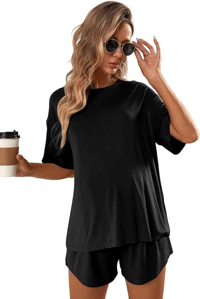 OYOANGLE Women's Maternity 2 Pieces Pajamas Outfits Loose Short Sleeve T-shirt Top and Shorts Lou... | Amazon (US)