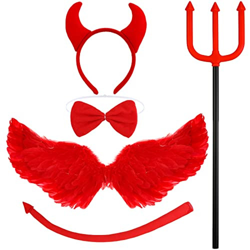 5 Pcs Halloween Devil Costume Set Devil Horns Headband Devil Tail Cosplay Wings Bow Tie Devil Fork Red Costume Accessories for Cosplay Party | Amazon (US)