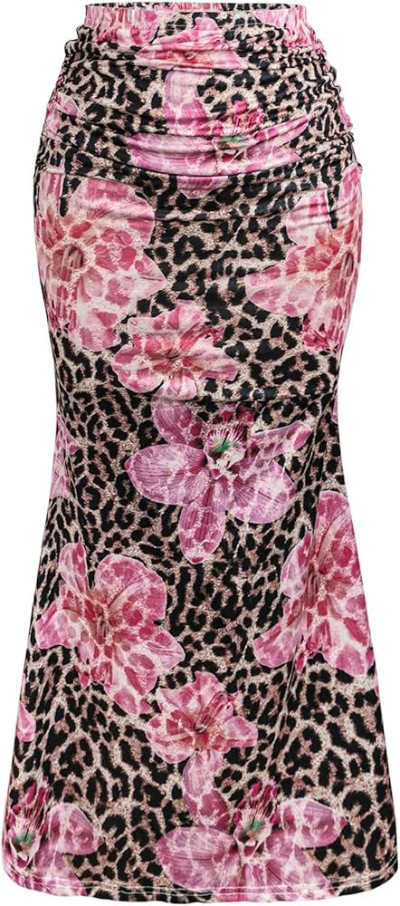 Verdusa Women's Plus Size Leopard Floral Fishtail Bodycon Skirt Boho Ruched Maxi Skirts | Amazon (US)