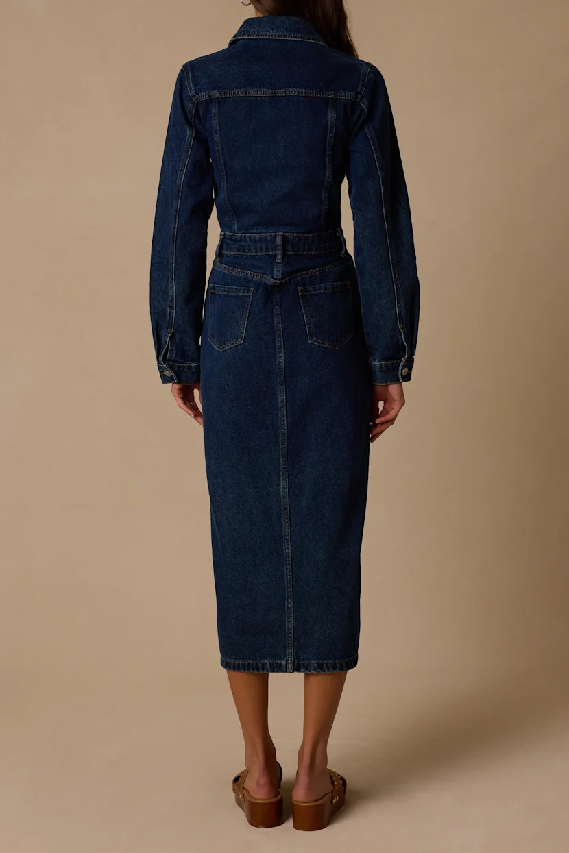Alarie Dark Wash Denim Long Sleeve Midi Dress | Lulus