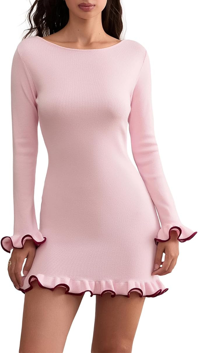 Women Y2k Long Sleeve Knit Mini Dress - Vintage Slim Fit Rolled Edge Fairy Grunge Bodycon Party D... | Amazon (US)