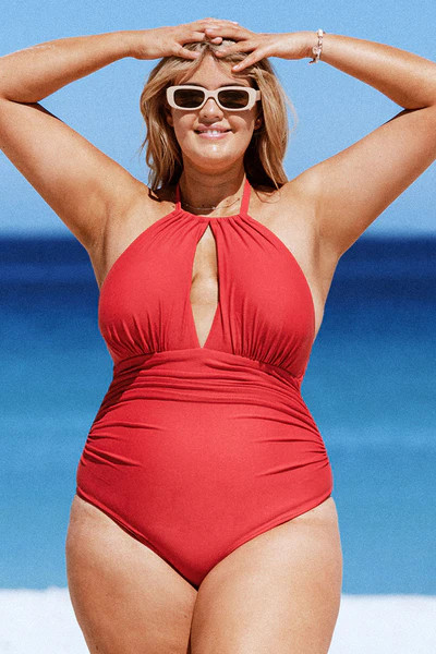 Joyful Retro High Neck Keyhole Plus Size One Piece Swimsuit | Cupshe