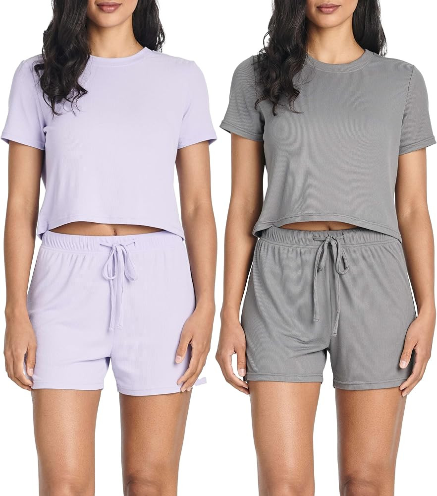 Real Essentials 2 Pack:Women's Soft Ribbed Knit Crop Top & Short Matching Lounge Set - 4 Piece Su... | Amazon (US)