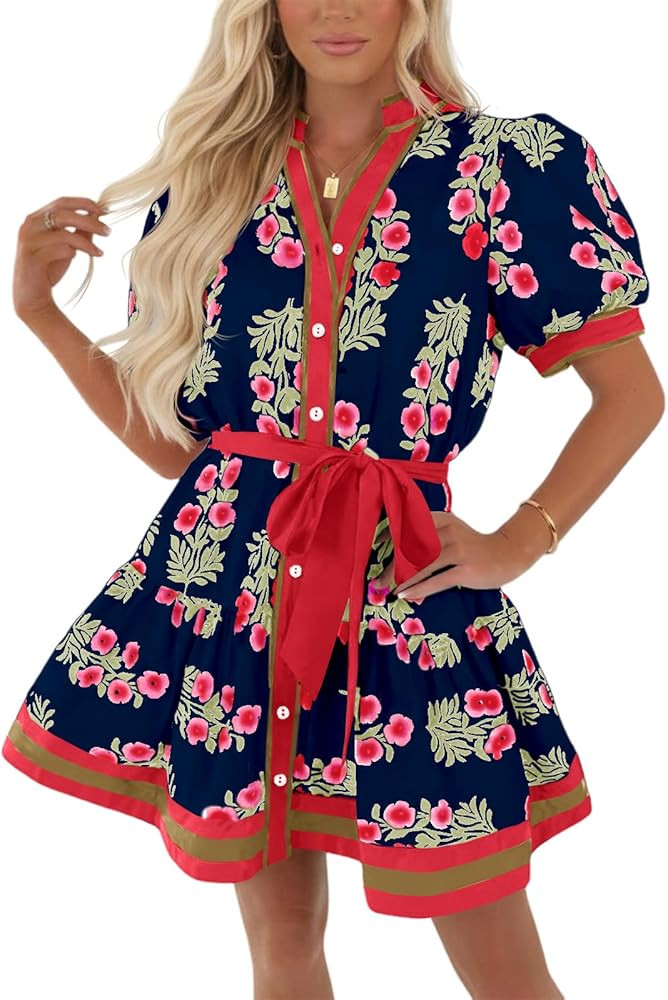 Wenrine Womens Summer Floral Mini Dress Puff Short Sleeve V Neck Button Down Casual Loose Boho Be... | Amazon (US)