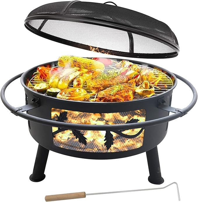 Outdoor Fire Pit with Cooking Grate - 30" Outdoor Heavy Duty Fire Pits BBQ Grill with Log Grate ... | Amazon (US)