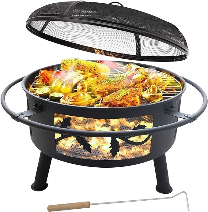 Outdoor Fire Pit with Cooking Grate - 30" Outdoor Heavy Duty Fire Pits BBQ Grill with Log Grate ... | Amazon (US)