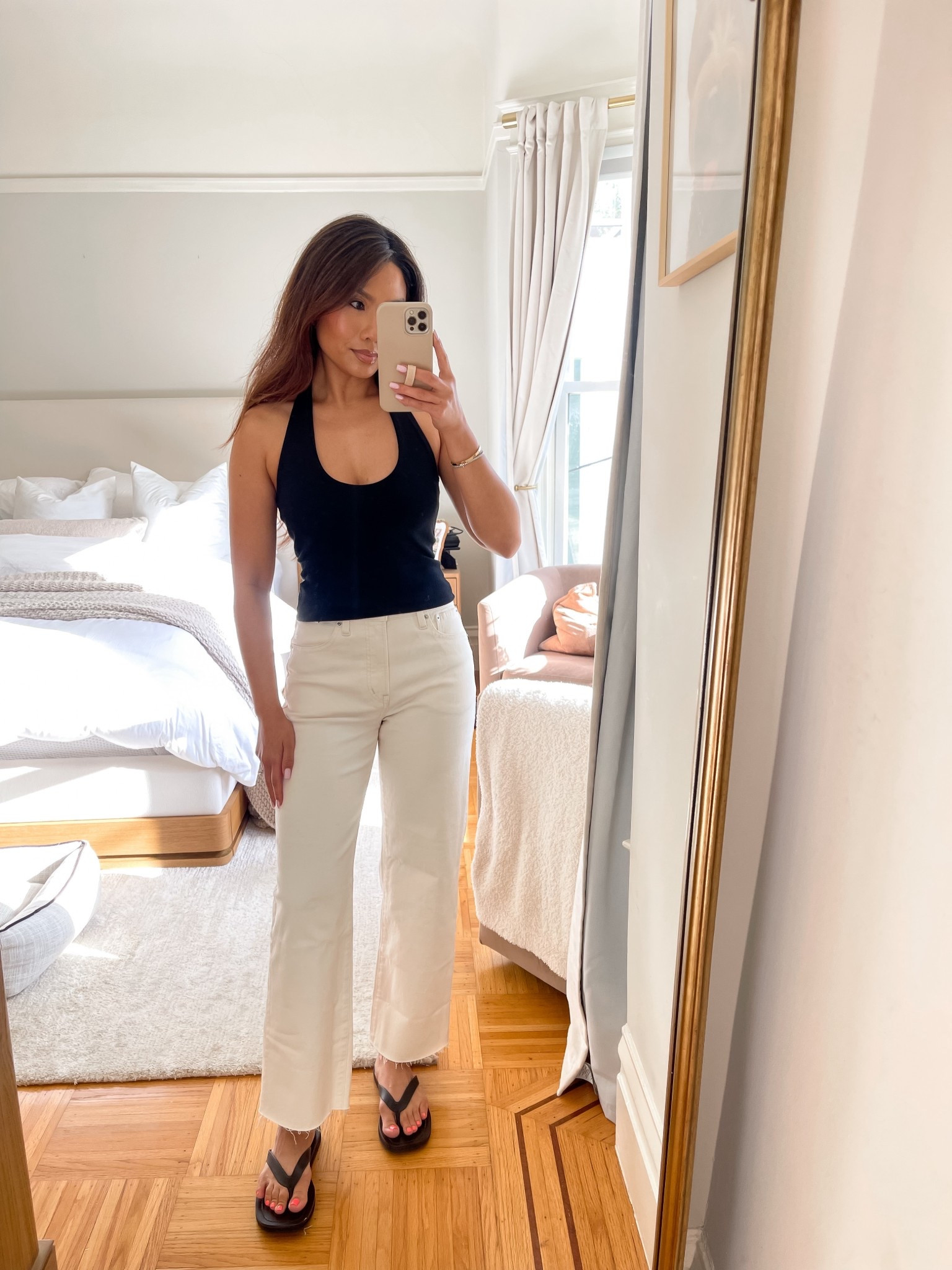 Summer staples!! $15 halter top, cream jeans, and leather square toe flip flops 

Sizing:
Top - small
Pants - tts, vintage canvas wash in 25 standard in crop style so perfect length for petites
Sandals - tts 

#LTKPetite #LTKootd