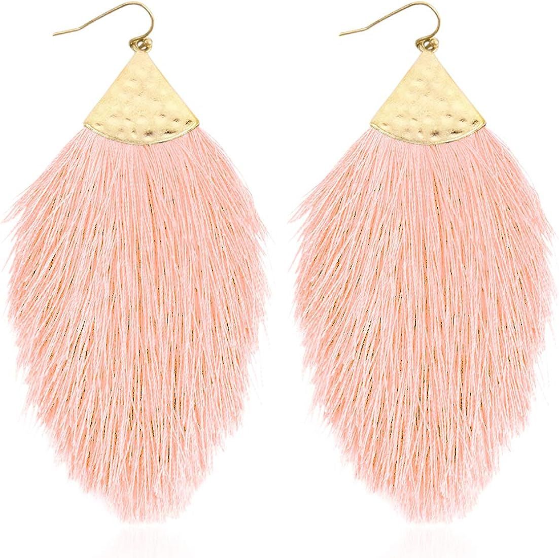 Bohemian Silky Thread Fan Fringe Tassel Statement Earrings - Lightweight Strand Feather Shape Dan... | Amazon (US)