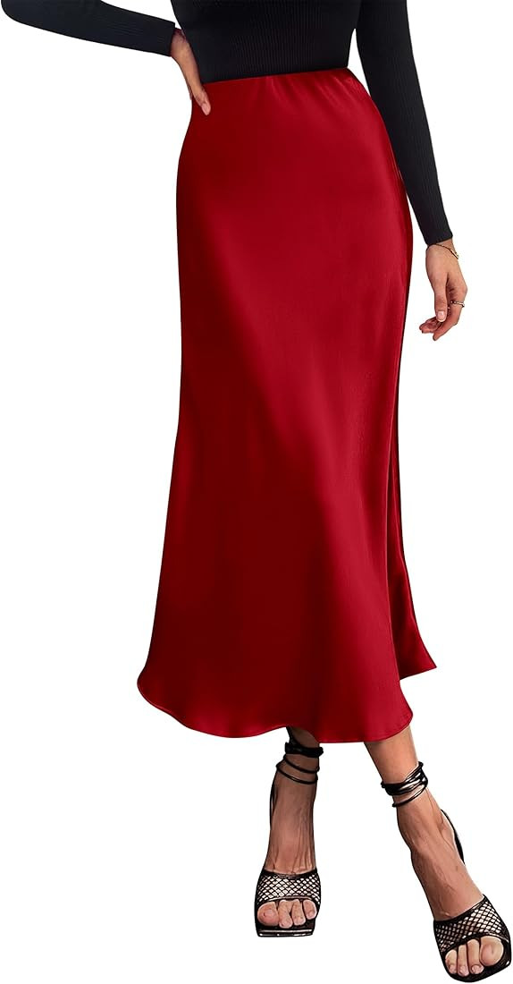 PRETTYGARDEN Women's Midi Satin Skirt Dressy Casual High Waisted A Line Flowy Ruffle Elegant Part... | Amazon (US)