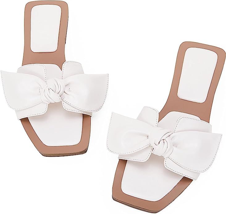 LAICIGO Women’ s Flat Sandals Square Open Toe Bowknot Slides Slip On Summer Fashion Shoes | Amazon (US)