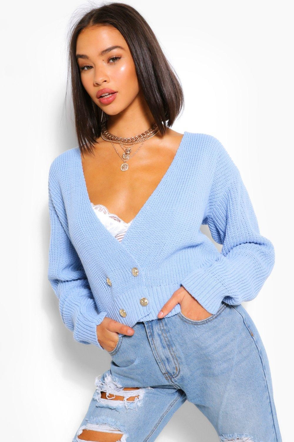 Womens Wrap V Neck Cardigan - Blue - M | Boohoo.com (US & CA)