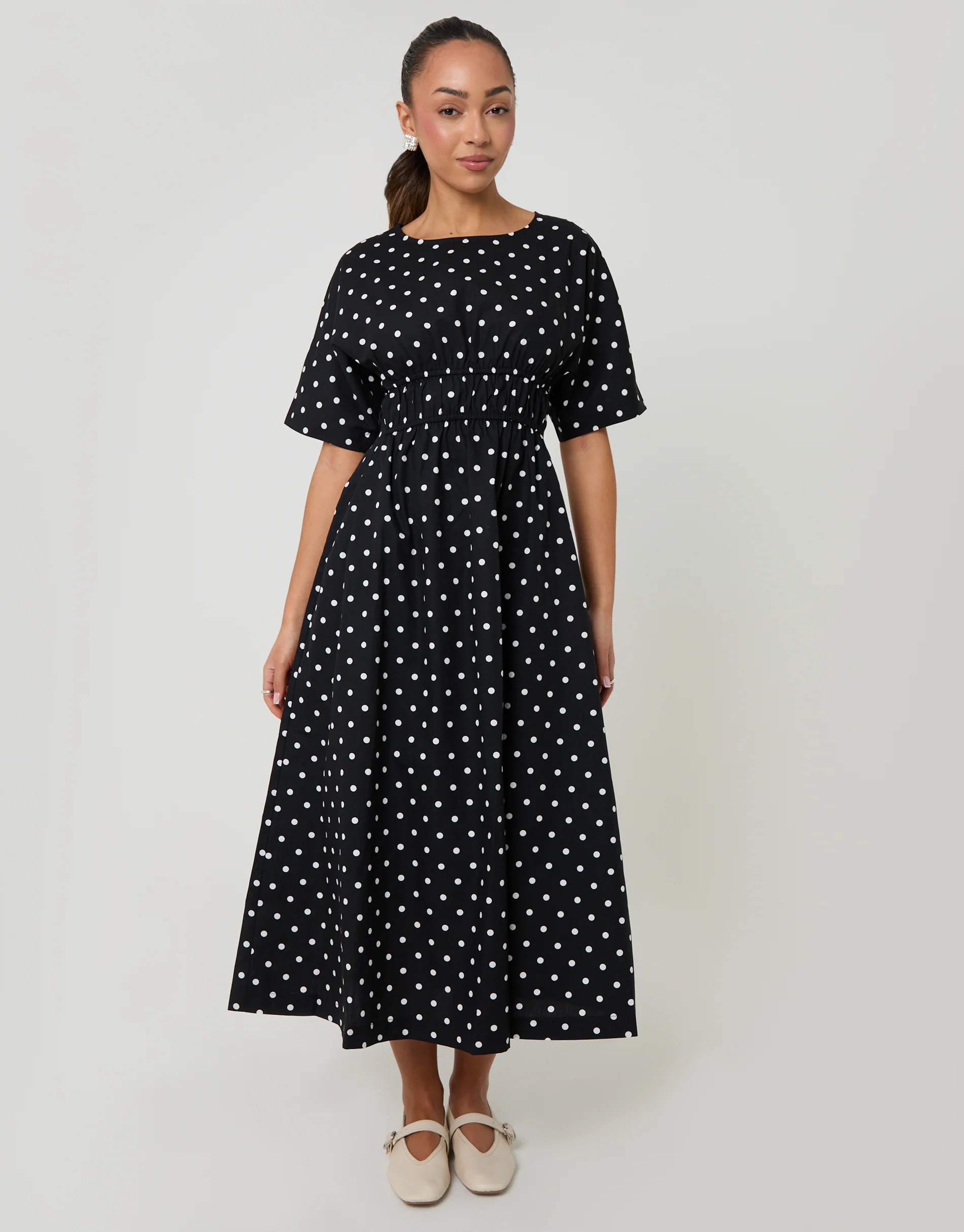 Black Polka Dot Elasticated Waist Cotton Poplin Midi Dress | Threadbare
