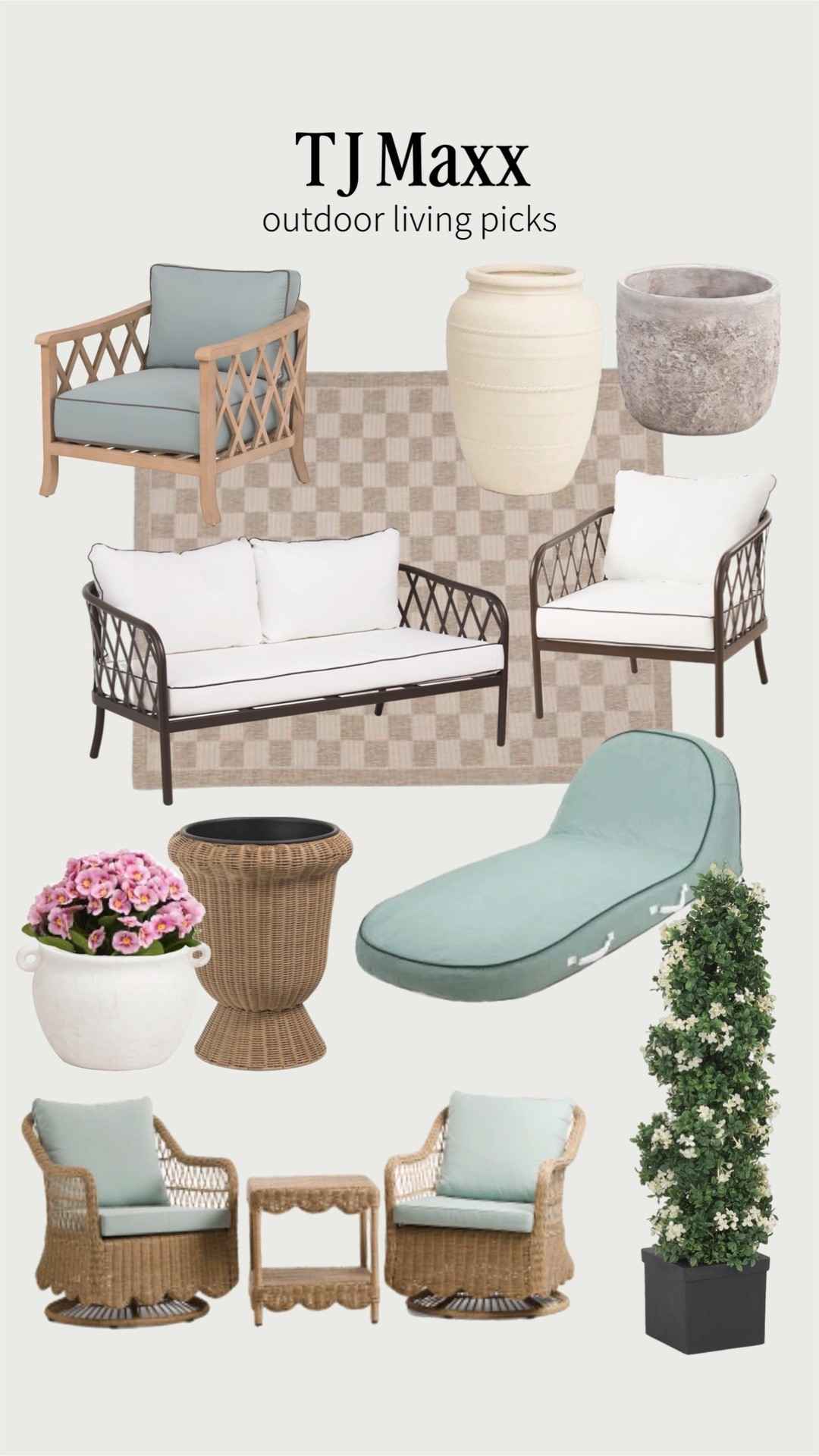 TJ Maxx outdoor living picks! 

Outdoor sofa, outdoor loveseat, outdoor chair, outdoor rug, planter, pot,Faux topiary, floaty, , outdoor soul chair, conversation set, outdoor living, TJ Maxx, Marshalls, business and pleasure ￼￼

#LTKSeasonal #LTKHome #LTKSaleAlert