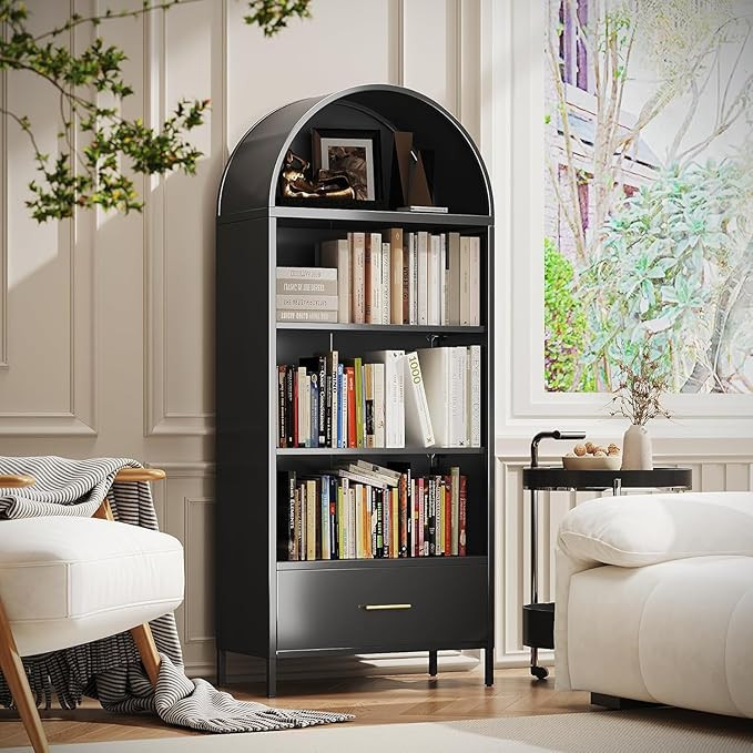73" Tall Arched Bookcase with 1 Drawer, Metal Arched Cabinet with 2 Adjustable Shelves, Open Disp... | Amazon (US)