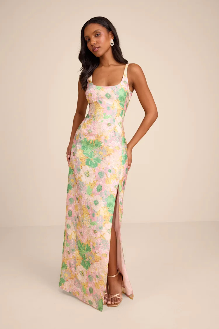 Lamella Pink Multi Floral Jacquard Maxi Dress | Spring Wedding Guest Dress Spring | Lulus